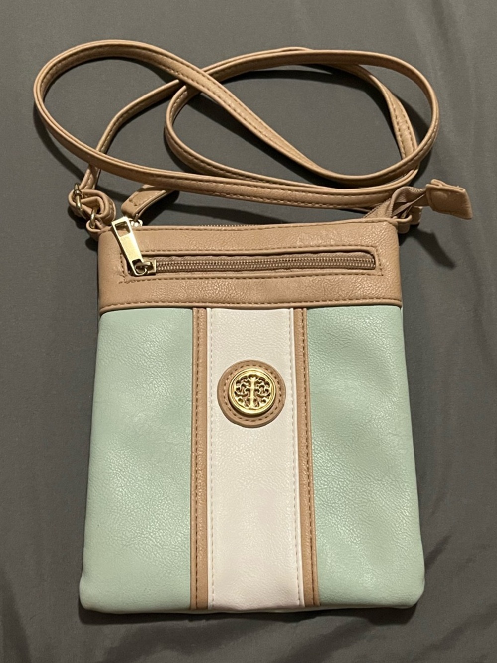 Tan & Mint Crossbody Bag with Gold Emblem